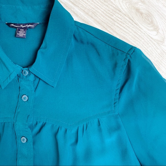 American Eagle Sheer Dark Teal Button Down Blouse - Picture 4 of 7